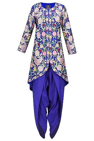 blue thread work aysmmetric jacket kurta with dhoti pants
