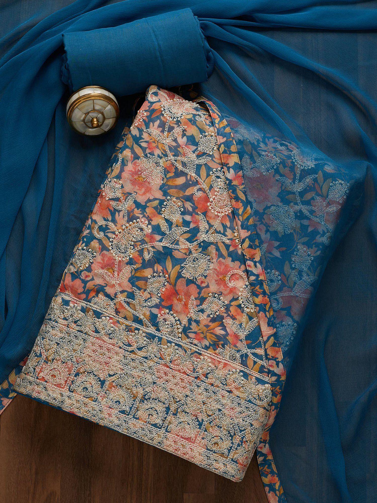 blue threadwork georgette unstitched salwar suit (set of three)