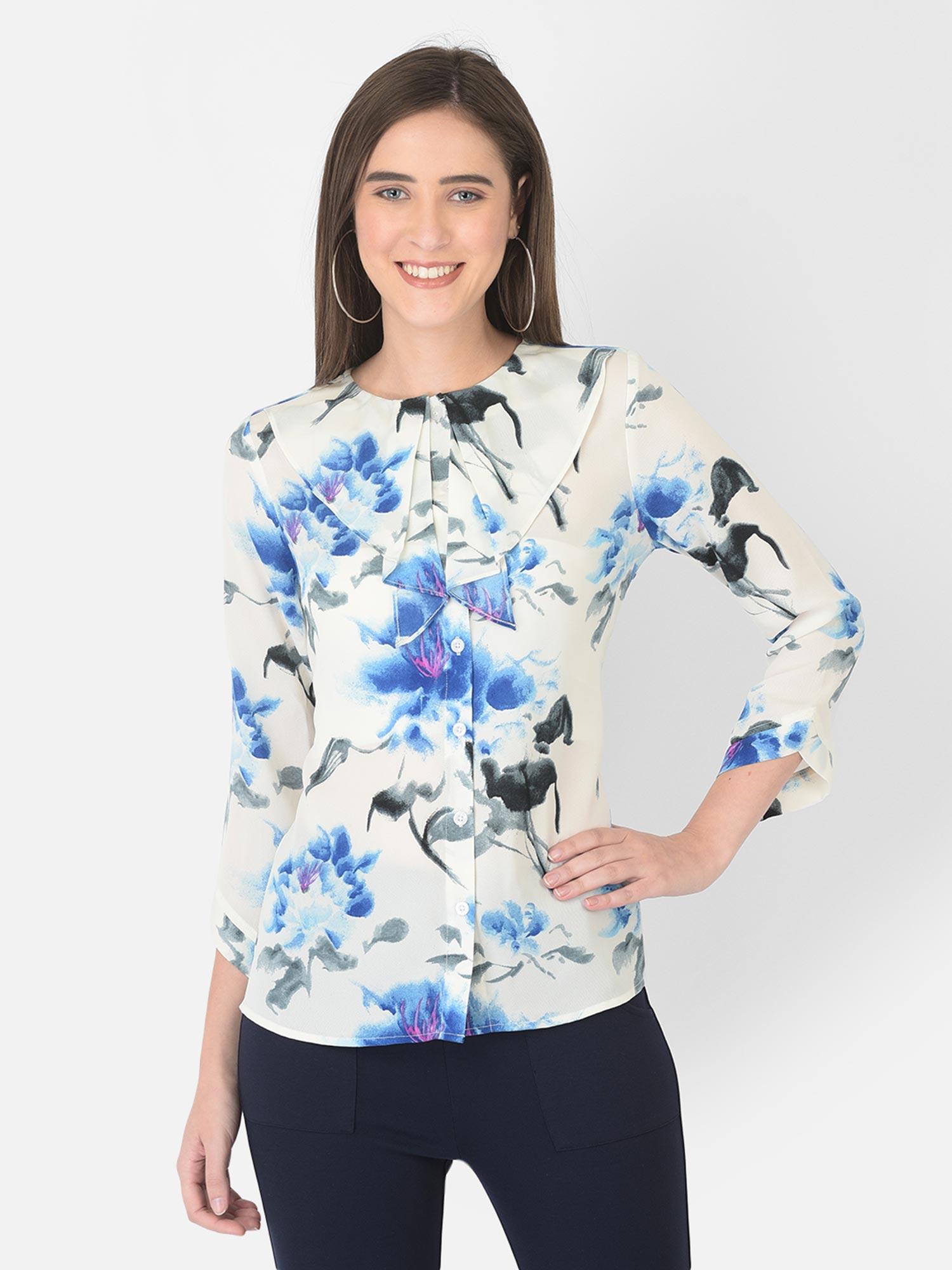 blue three fourth sleeves printed top