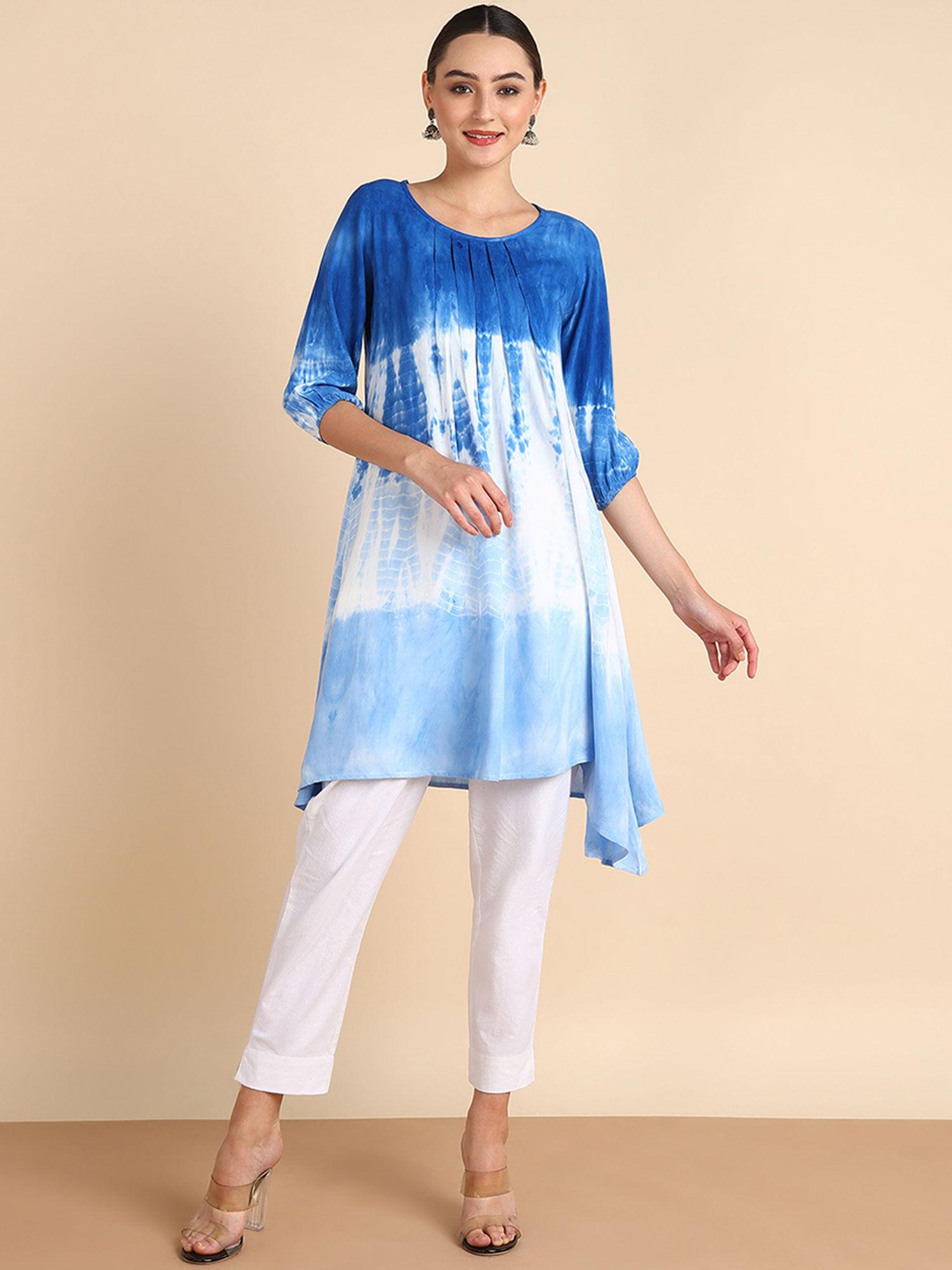 blue tie-dyed pleated kurta