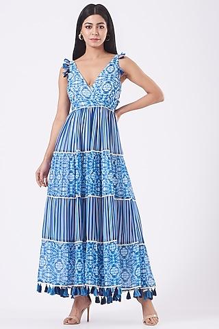 blue tiered chiffon dress