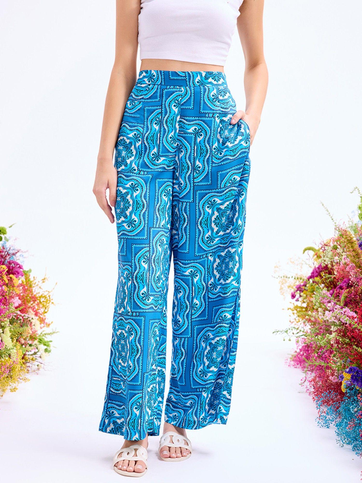 blue tile print wide leg palazzo