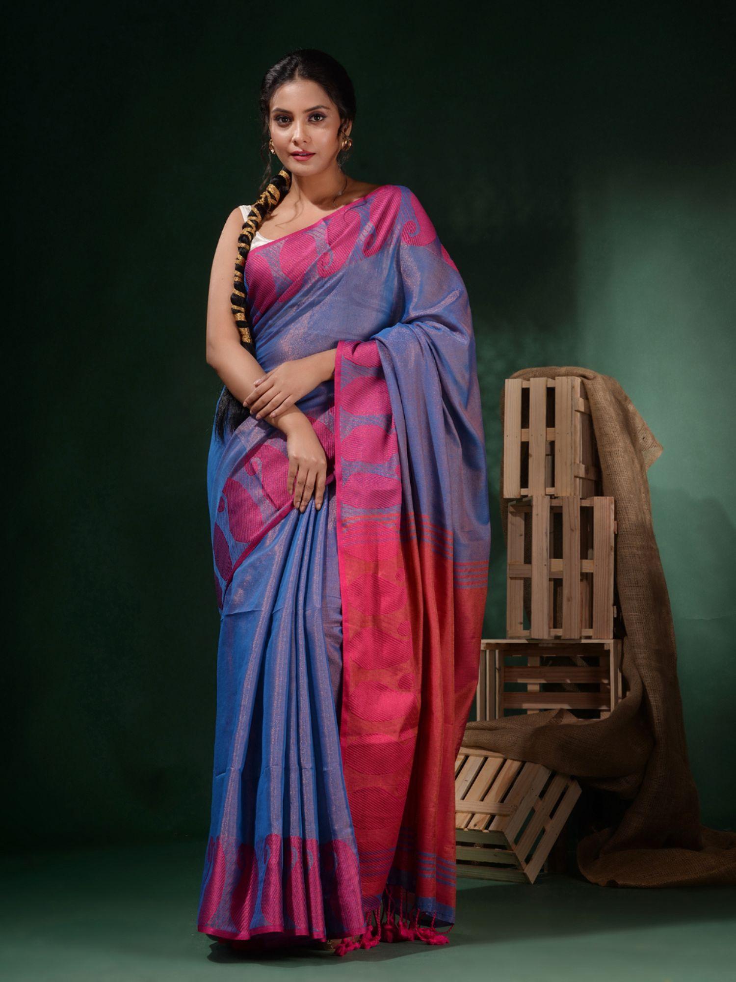 blue tissue handwoven paisley borders saree with unstitched blouse