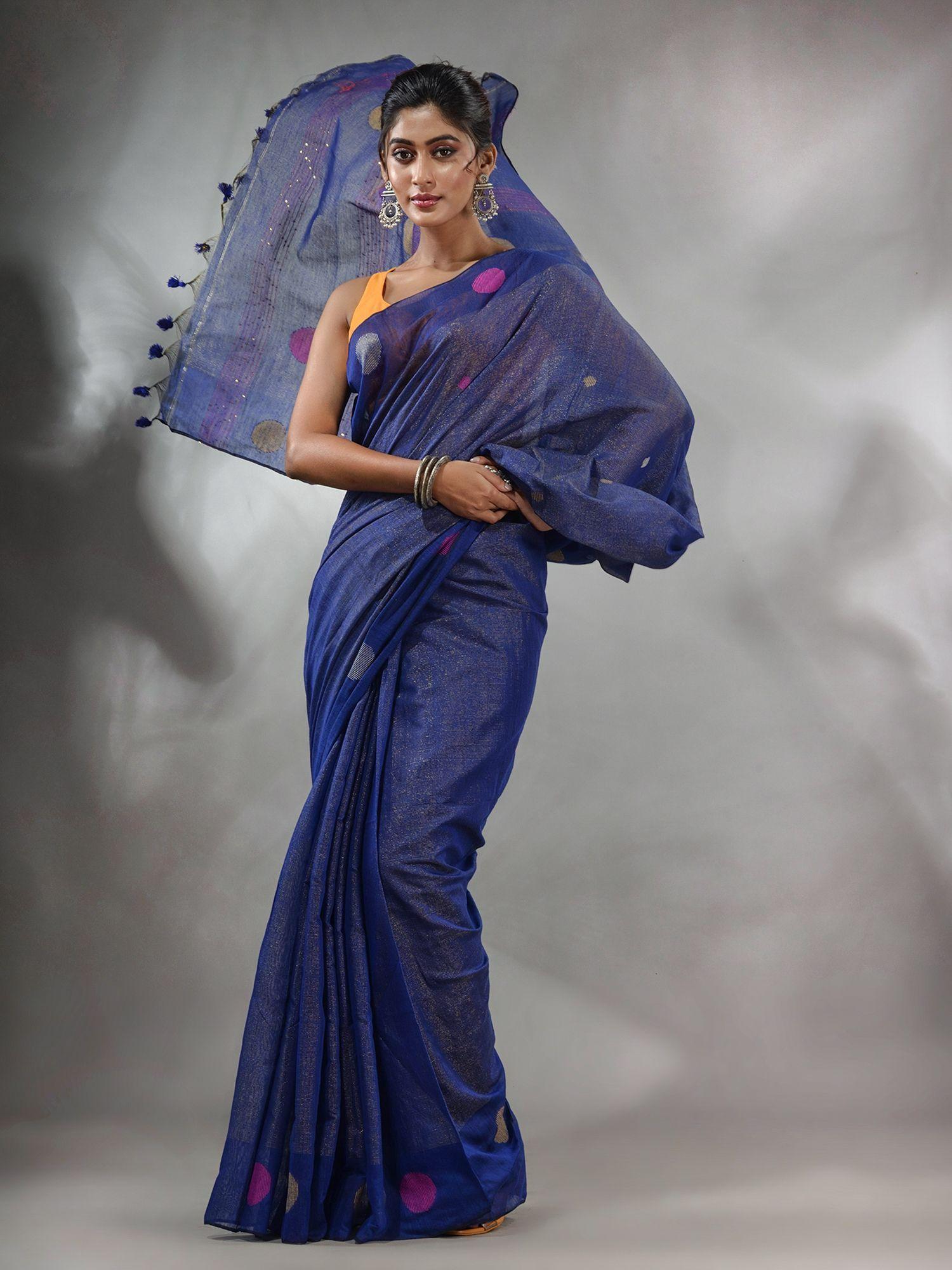 blue tissue handwoven saree with geometric motifs and sequin work & unstitched blouse