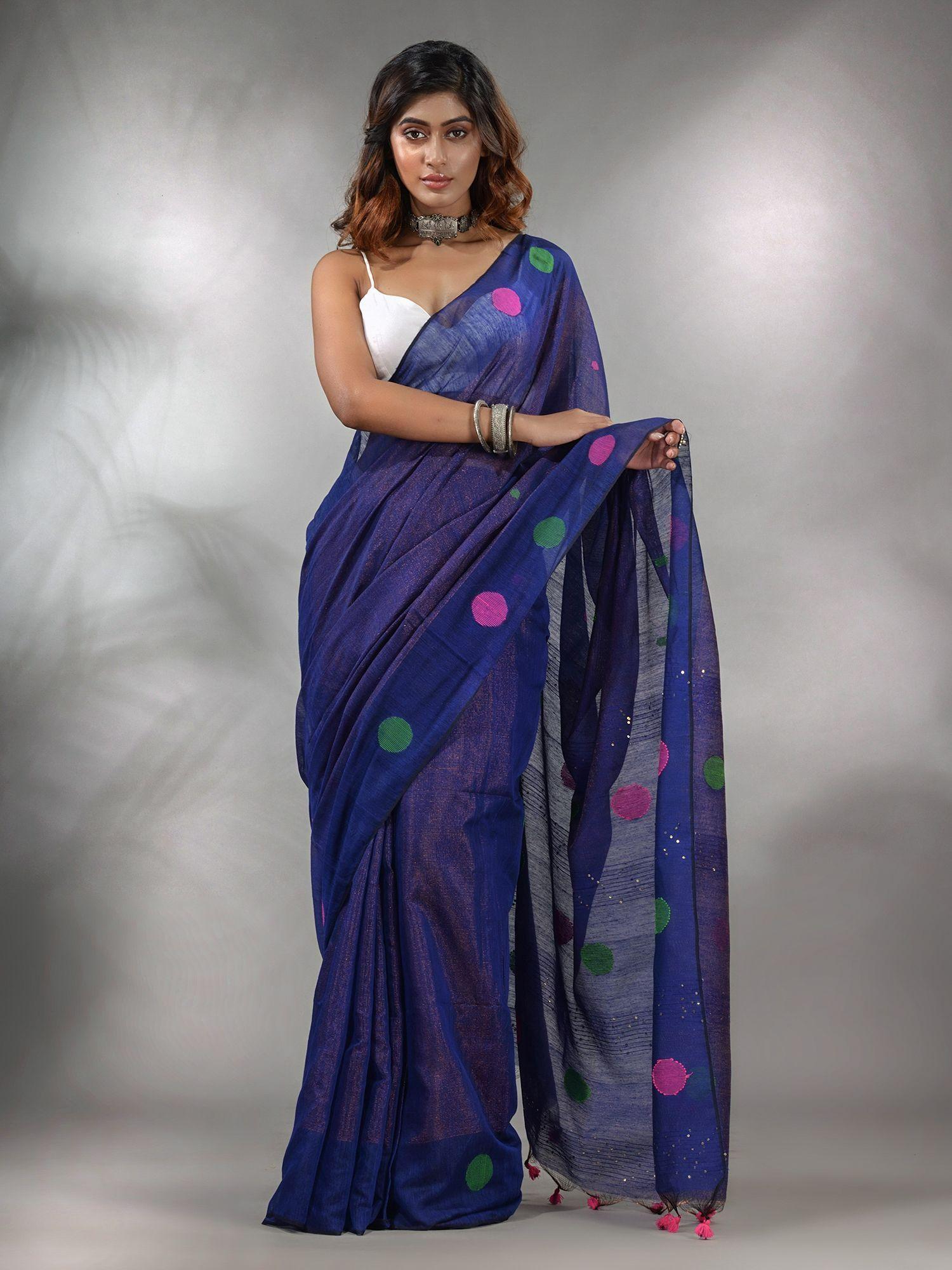 blue tissue handwoven saree with geometric motifs and sequin work & unstitched blouse