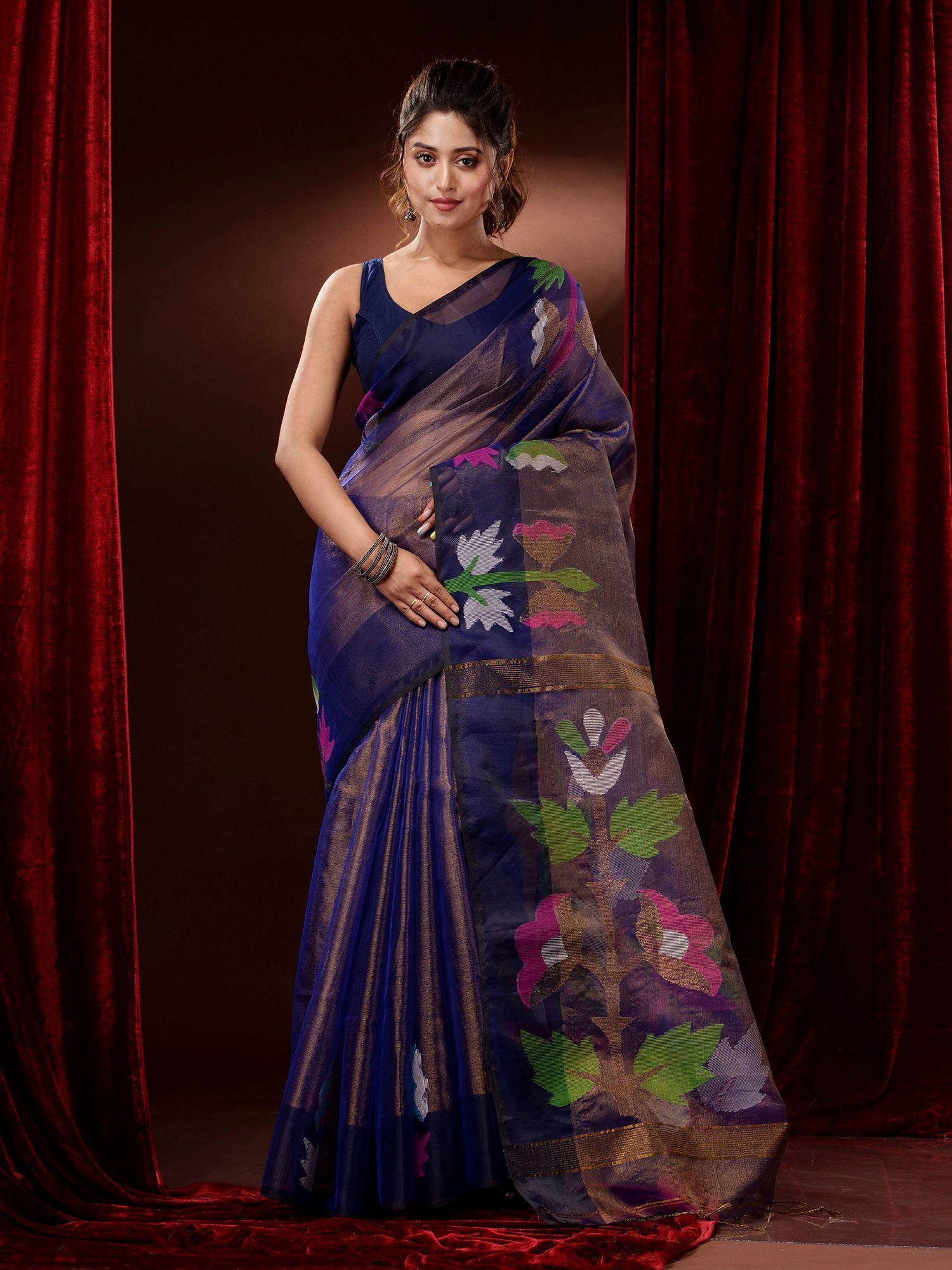 blue tissue muslin handwoven multicolour floral motifs saree with unstitched blouse