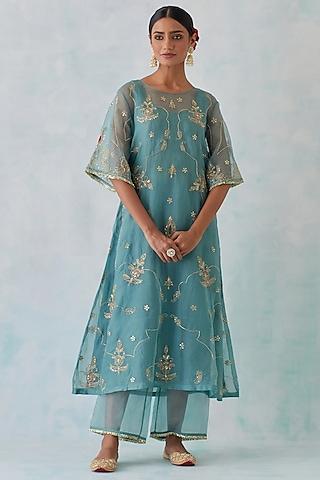 blue tissue organza embroidered kurta set