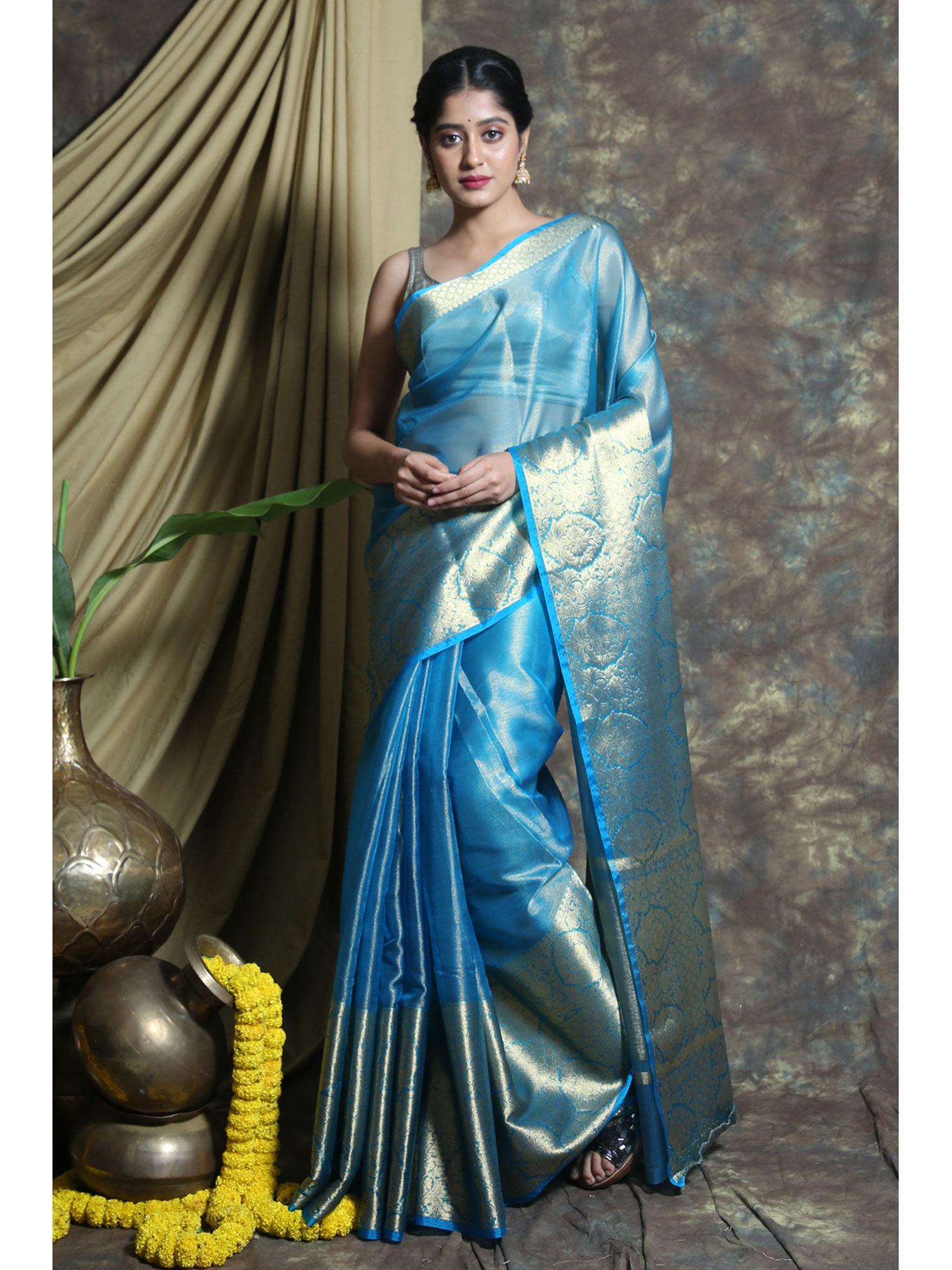 blue tissue saree with golden zari weaving and unstitched blouse