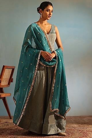 blue tissue silk hand embroidered anarkali set