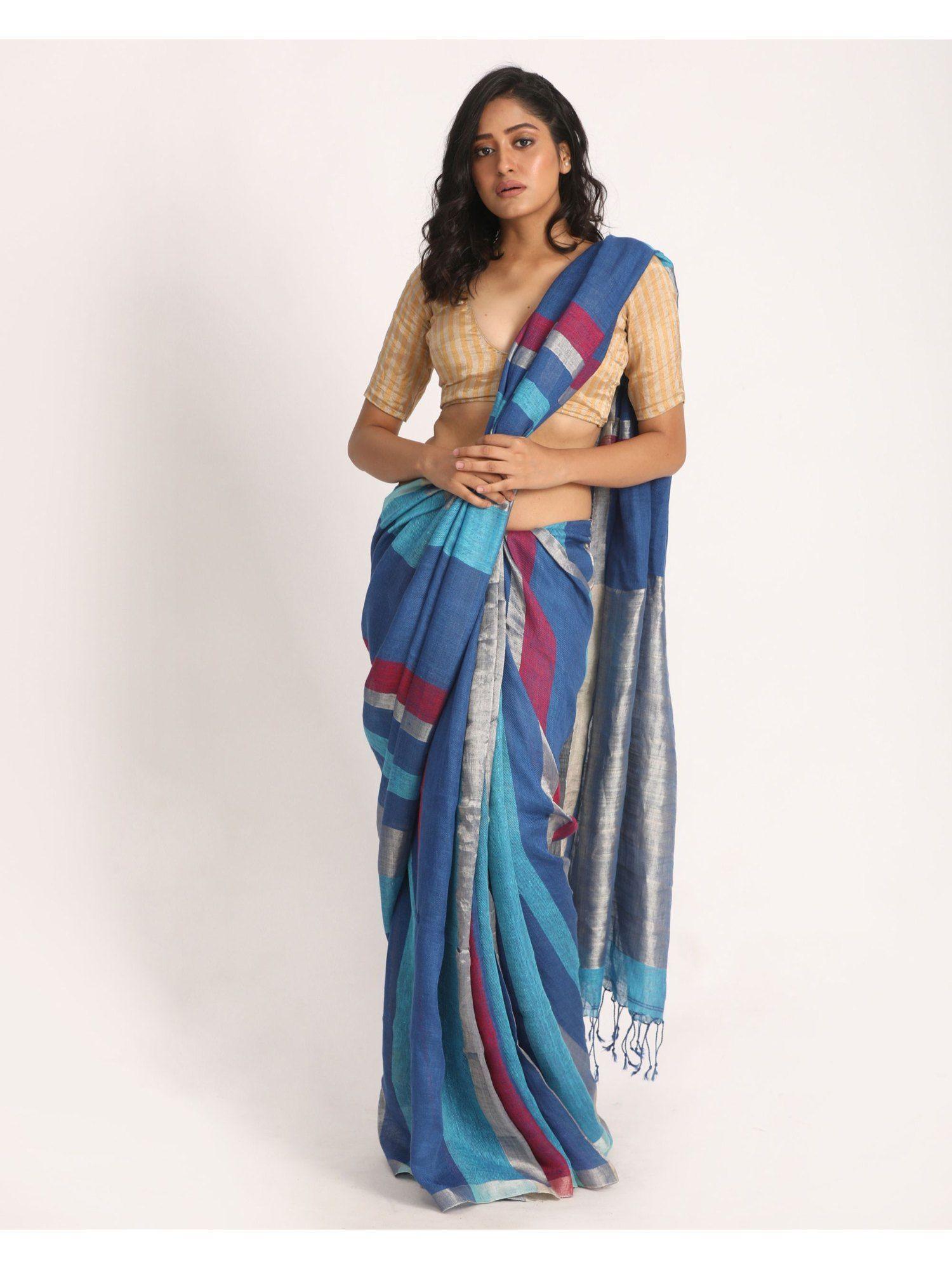 blue traditional handloom stripes linen saree with unstitched blouse