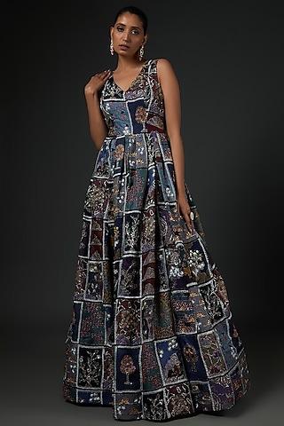 blue trencadis printed embellished gown