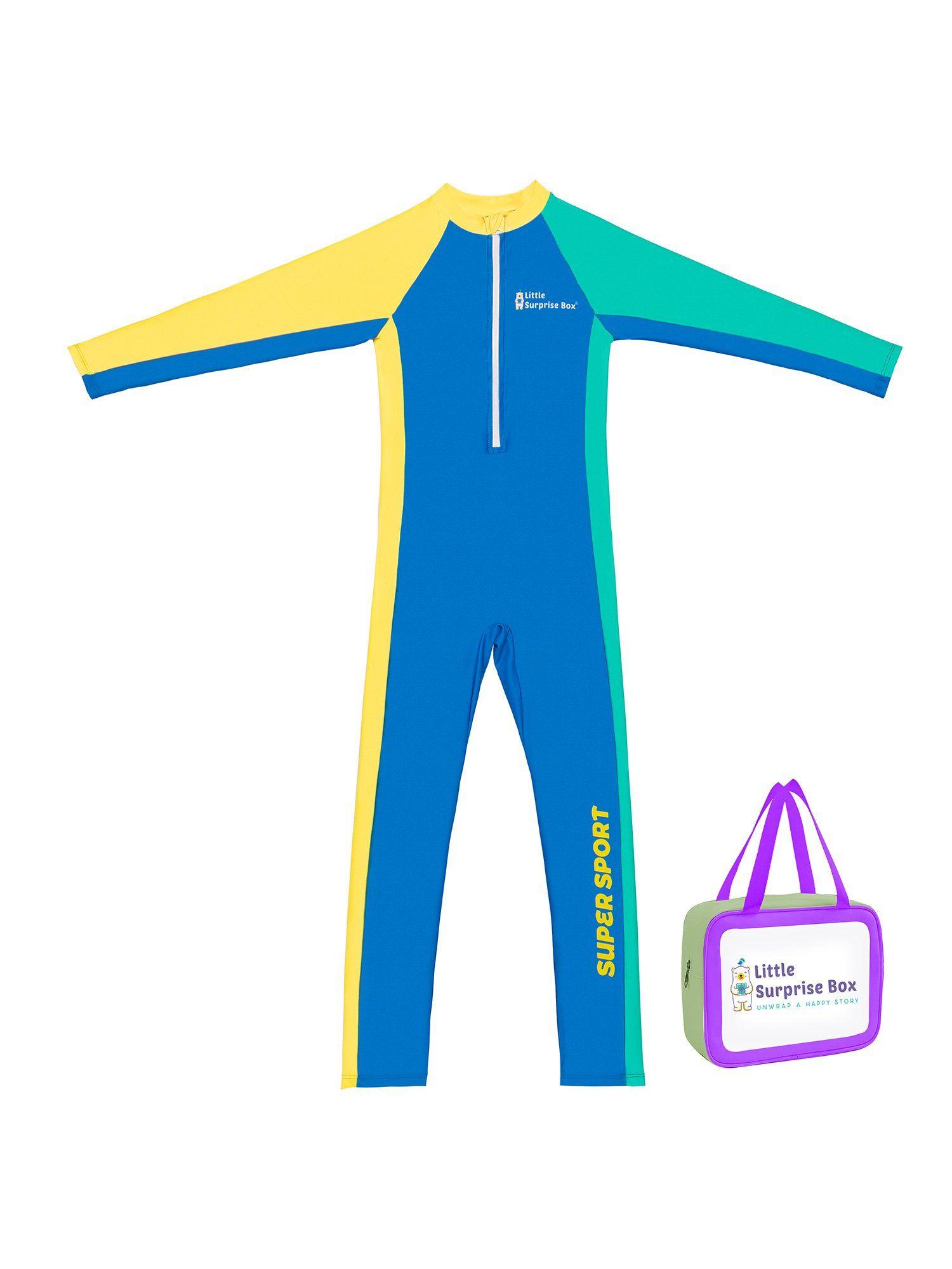 blue tri colour super sport swimwear for kids with upf 30+