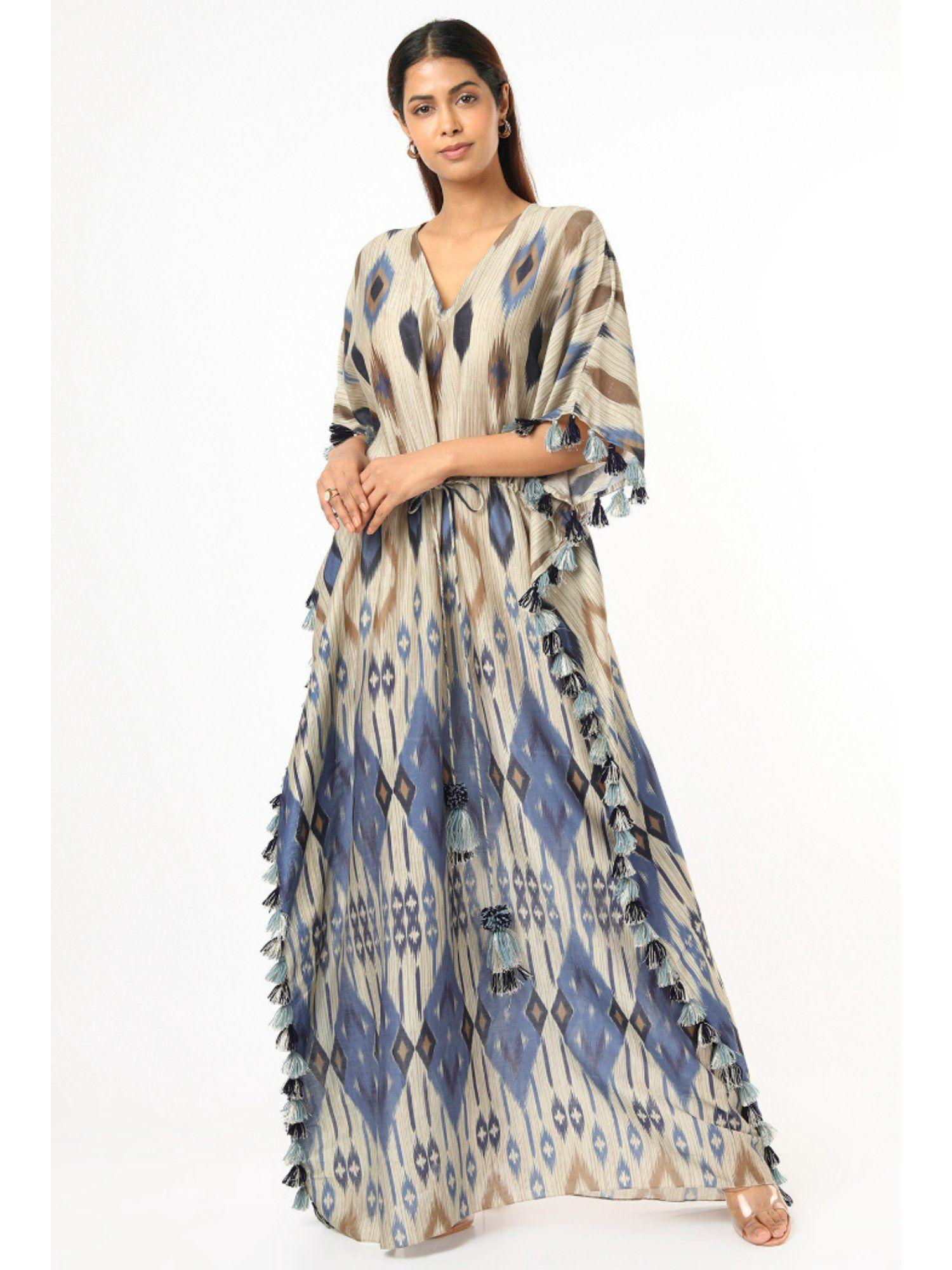 blue tribe print silkmul kaftan with tassels