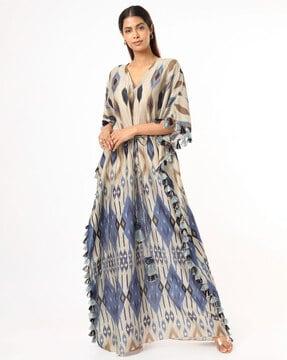 blue tribe print silkmul kaftan with tassels