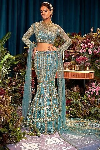 blue tulle sequin embellished mermaid lehenga set