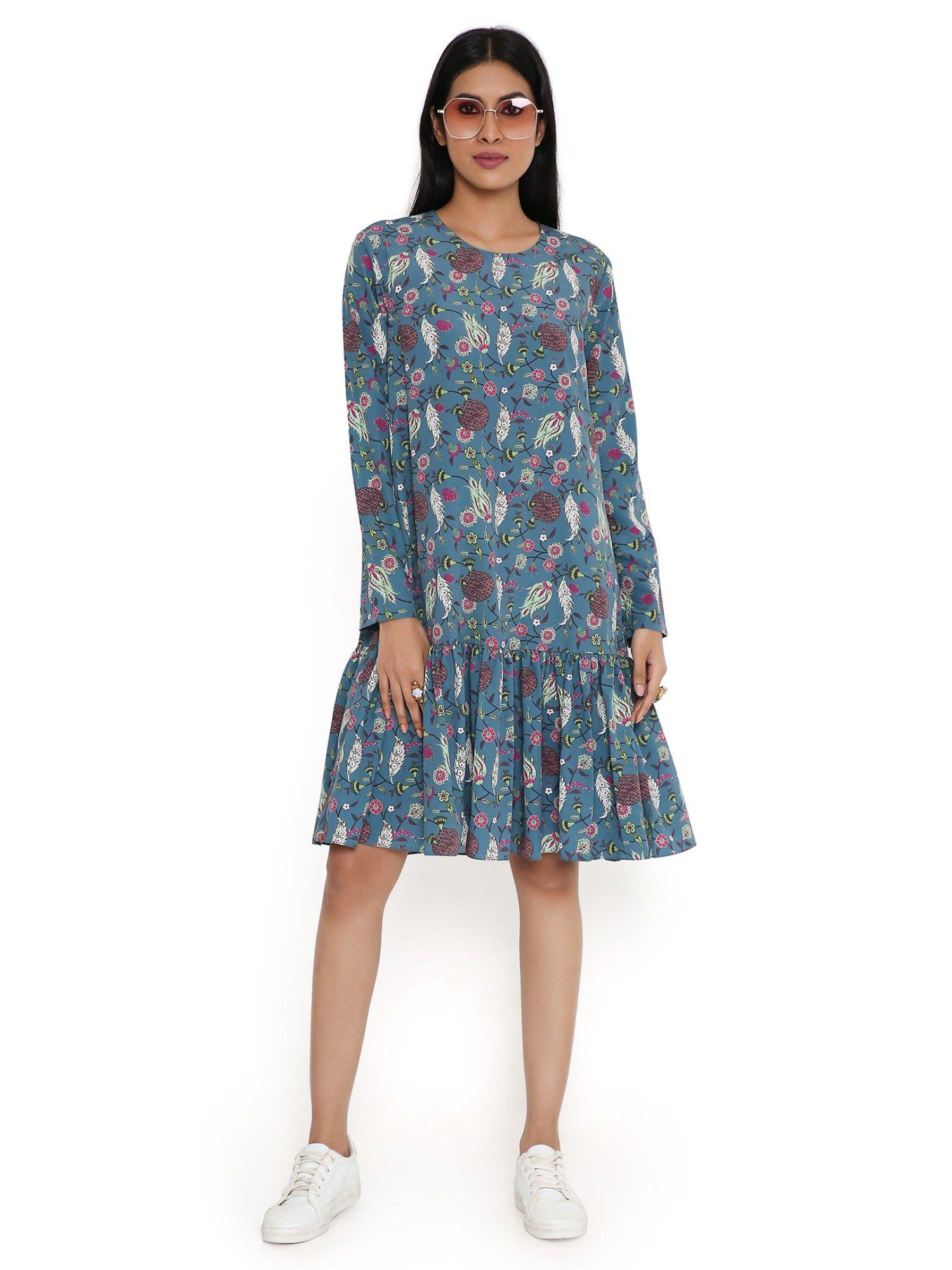 blue turkish print art crepe frill hem dress