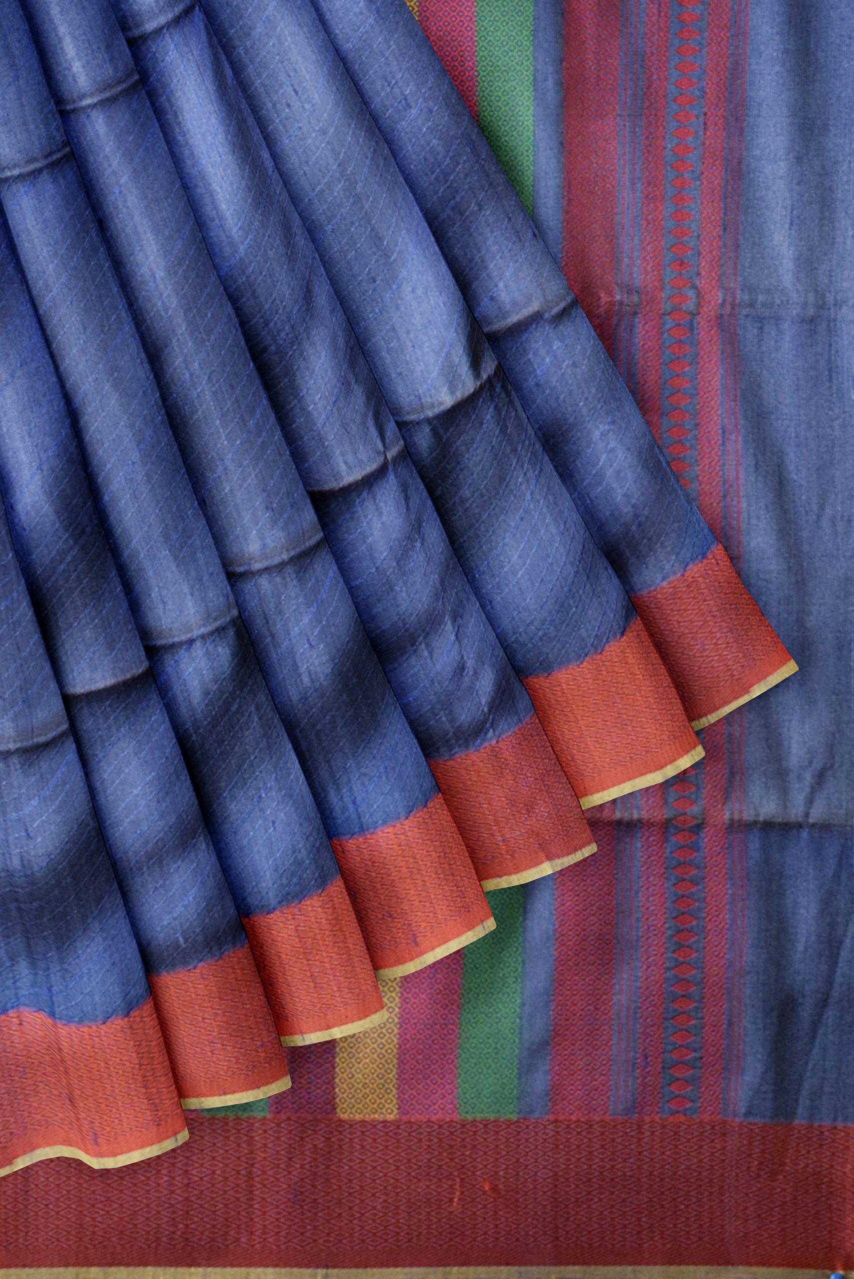 blue tussar printed silk saree