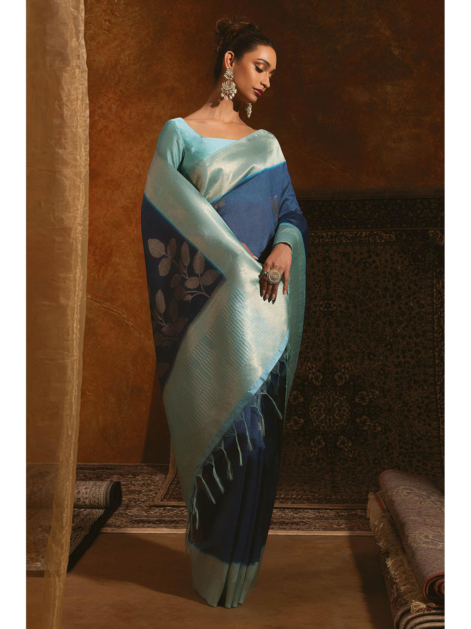 blue tussar silk zari woven foliage designs saree with unstitched blouse