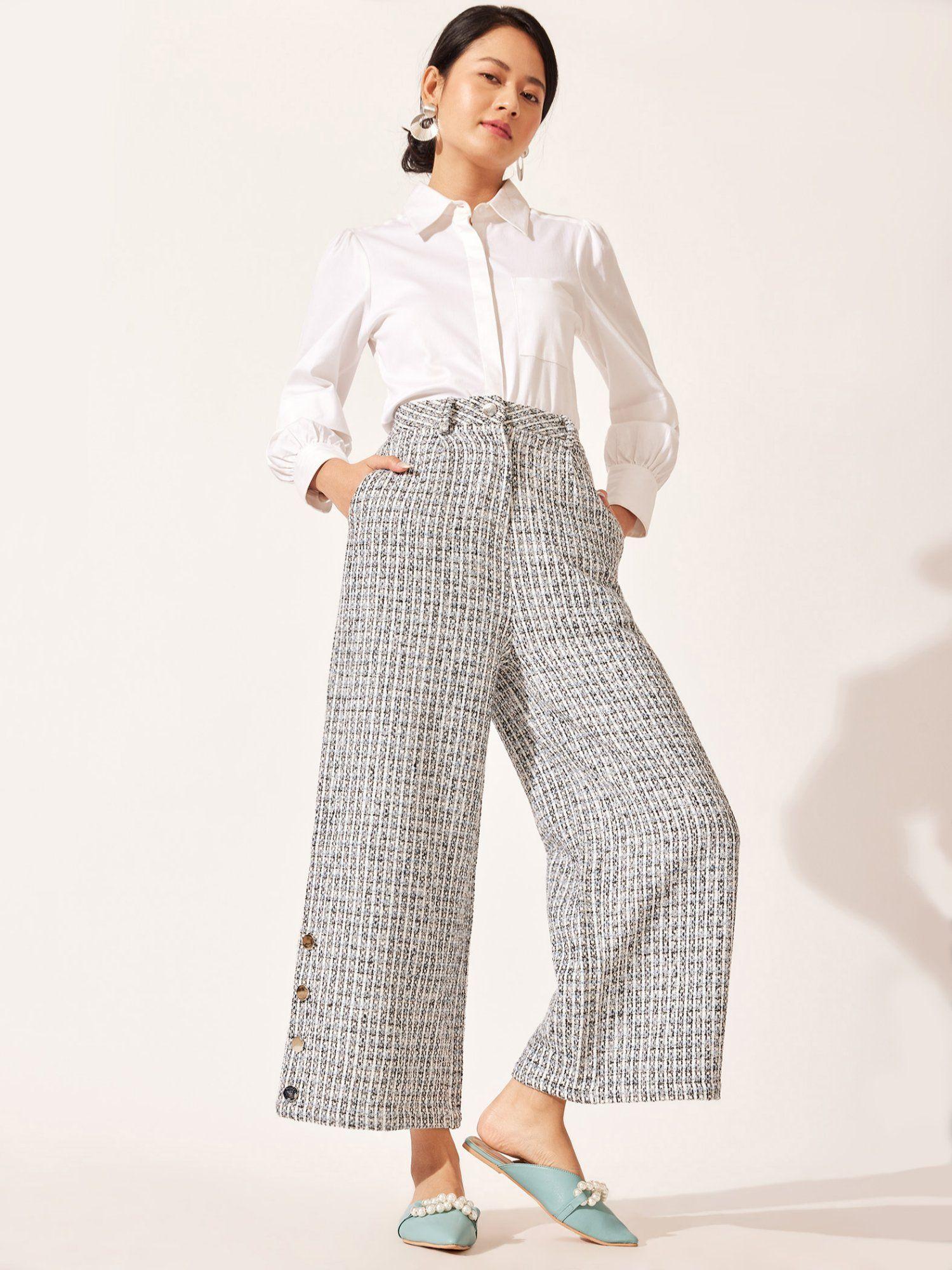 blue tweed buttoned hem pants