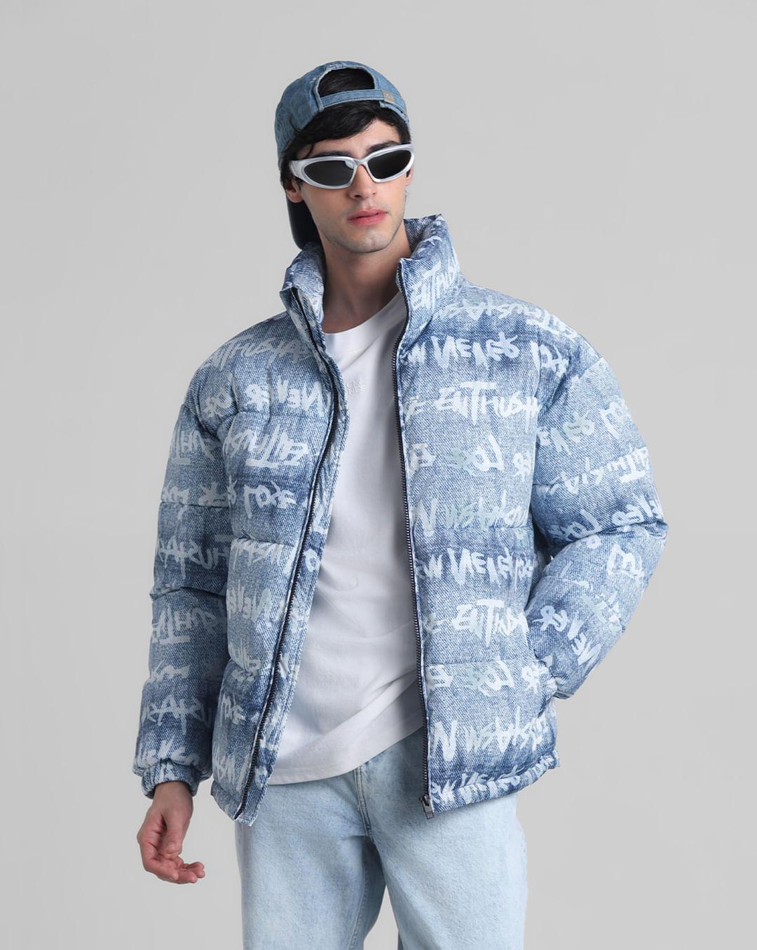 blue typographic print high neck puffer jacket