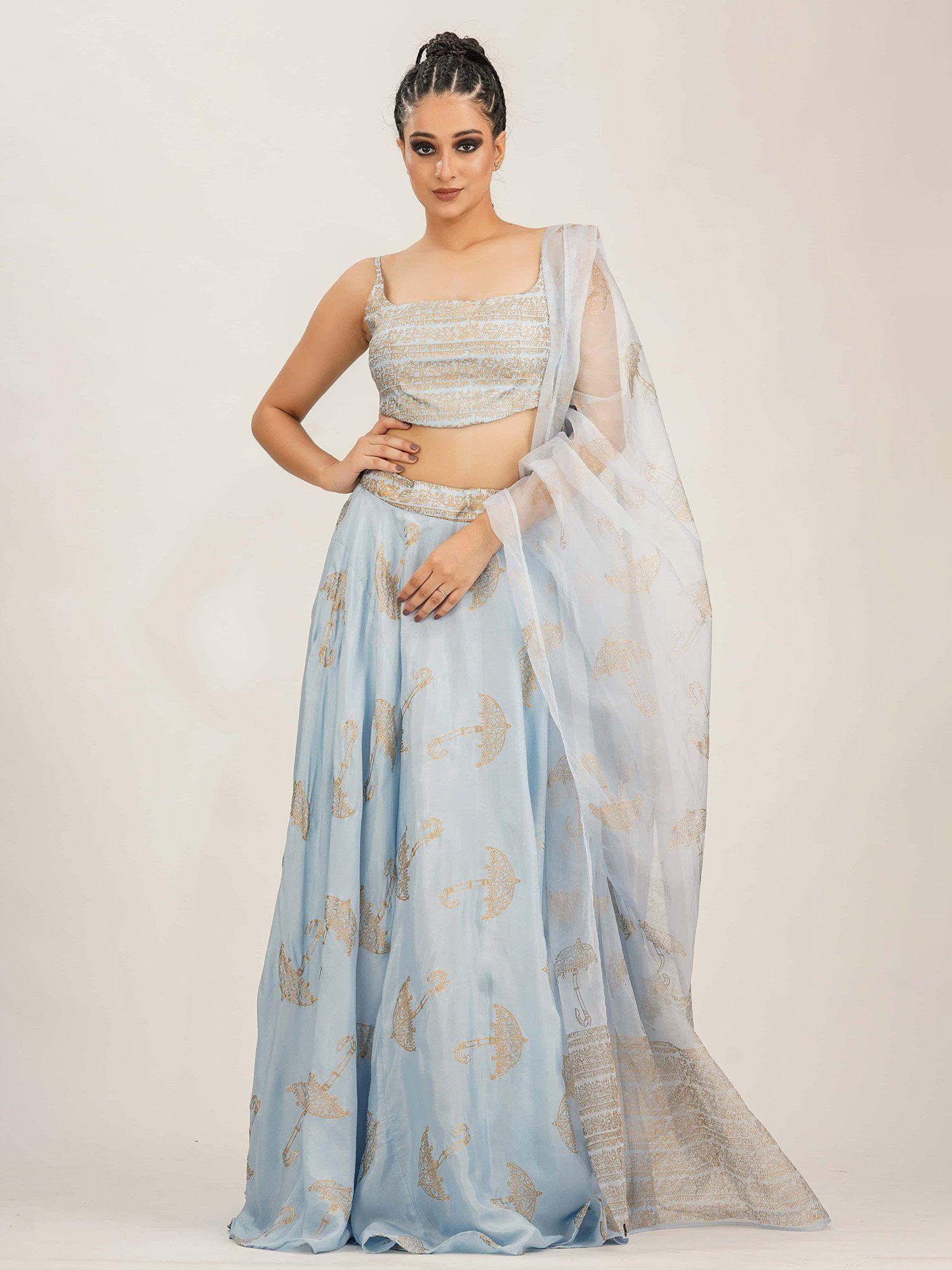 blue umbrella print lehenga (set of 3)