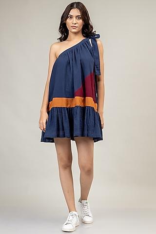 blue upcycled cotton off-shoulder dress