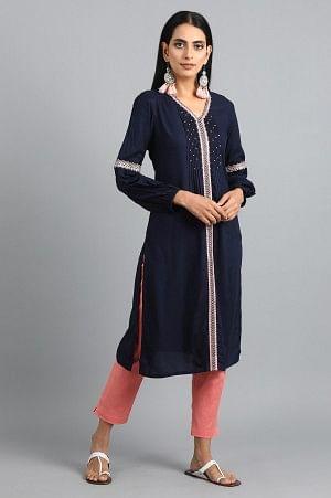 blue v-neck gathered kurta