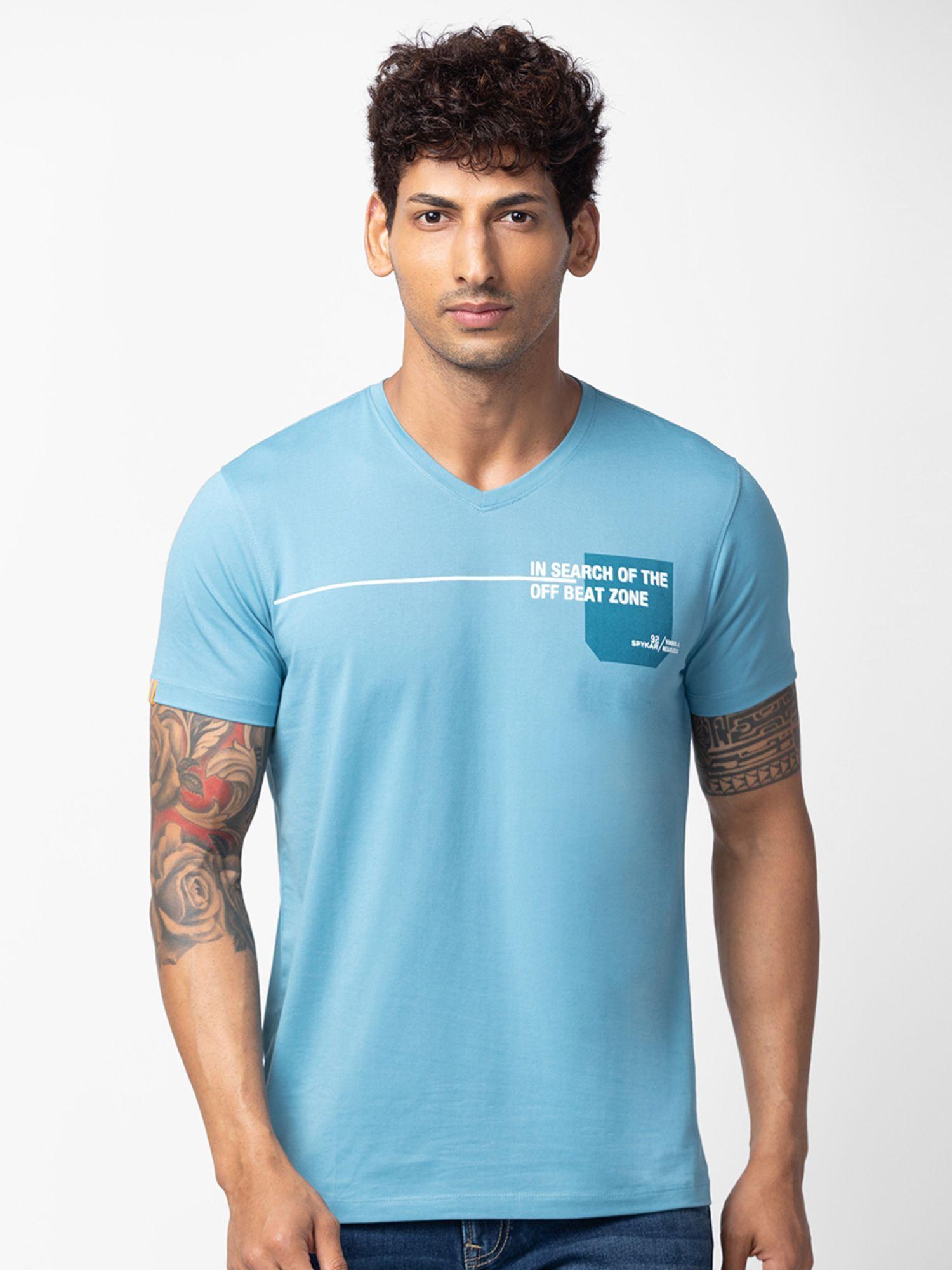 blue v neck half sleeves blended t-shirt for men