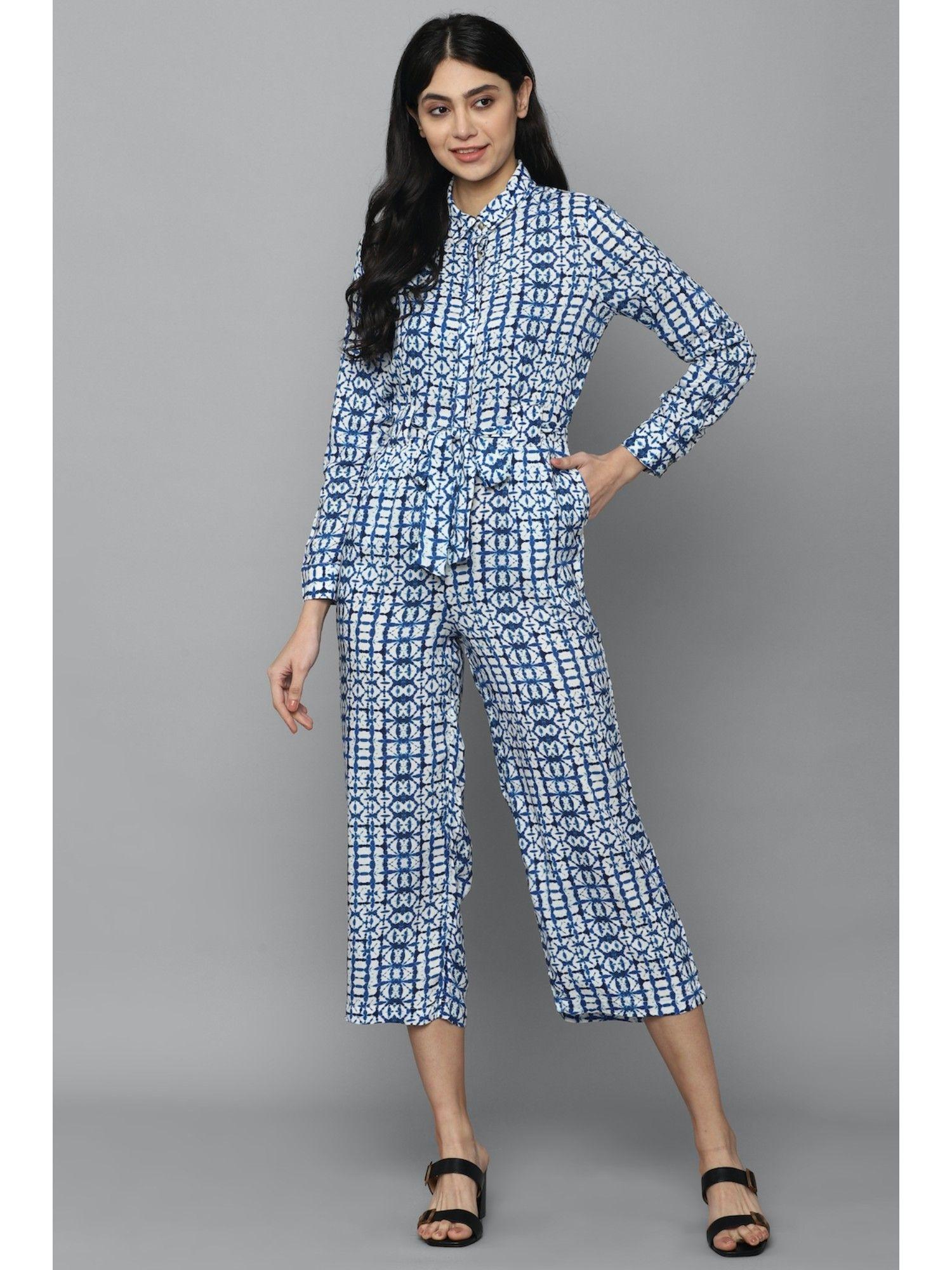 blue v-neck printed jumpsuits