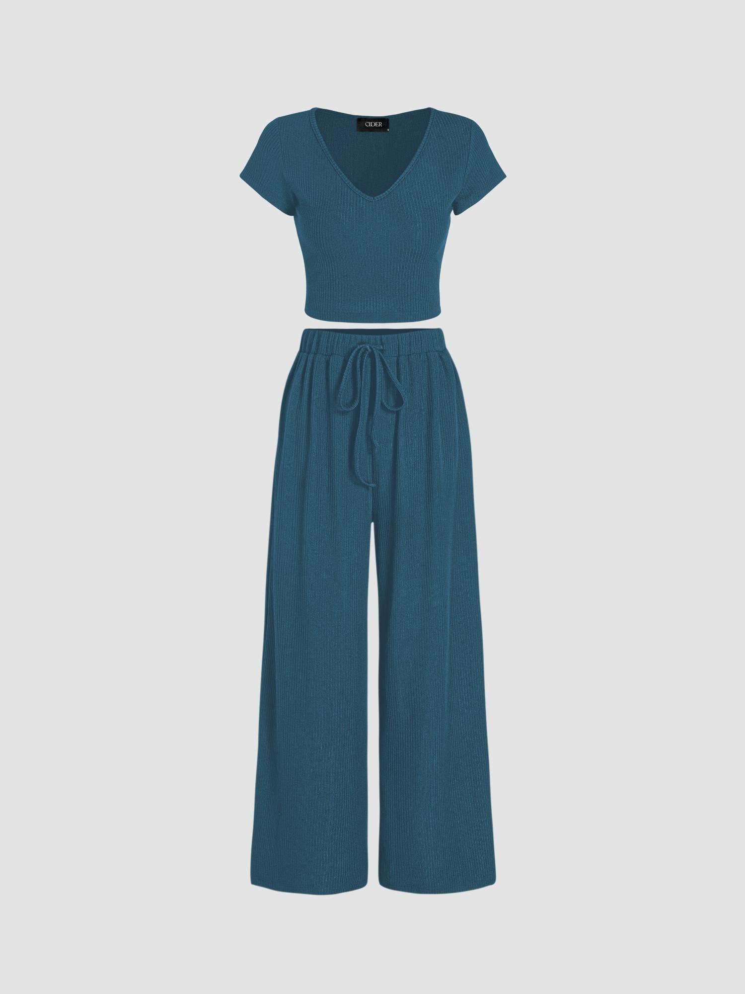 blue v-neck short sleeve crop tee and knotted wide leg pant (set of 2)