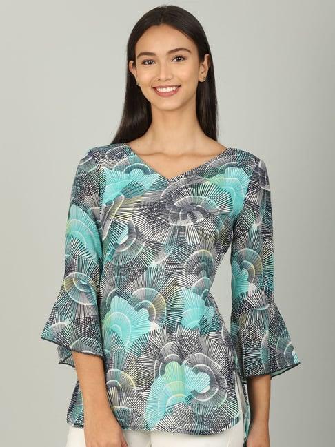 blue v neck top with bell sleeve