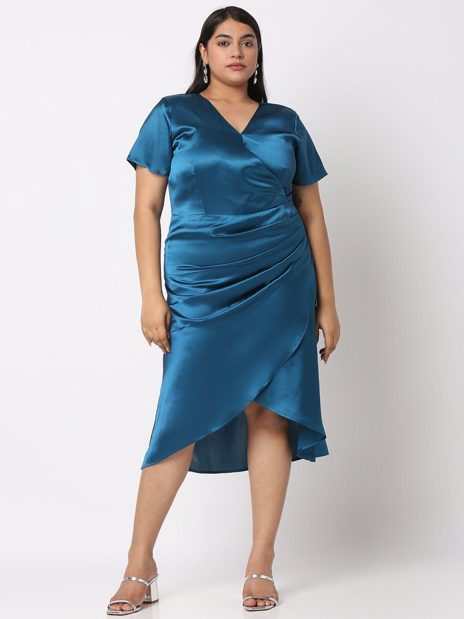 blue v-neck wrap style midi dress