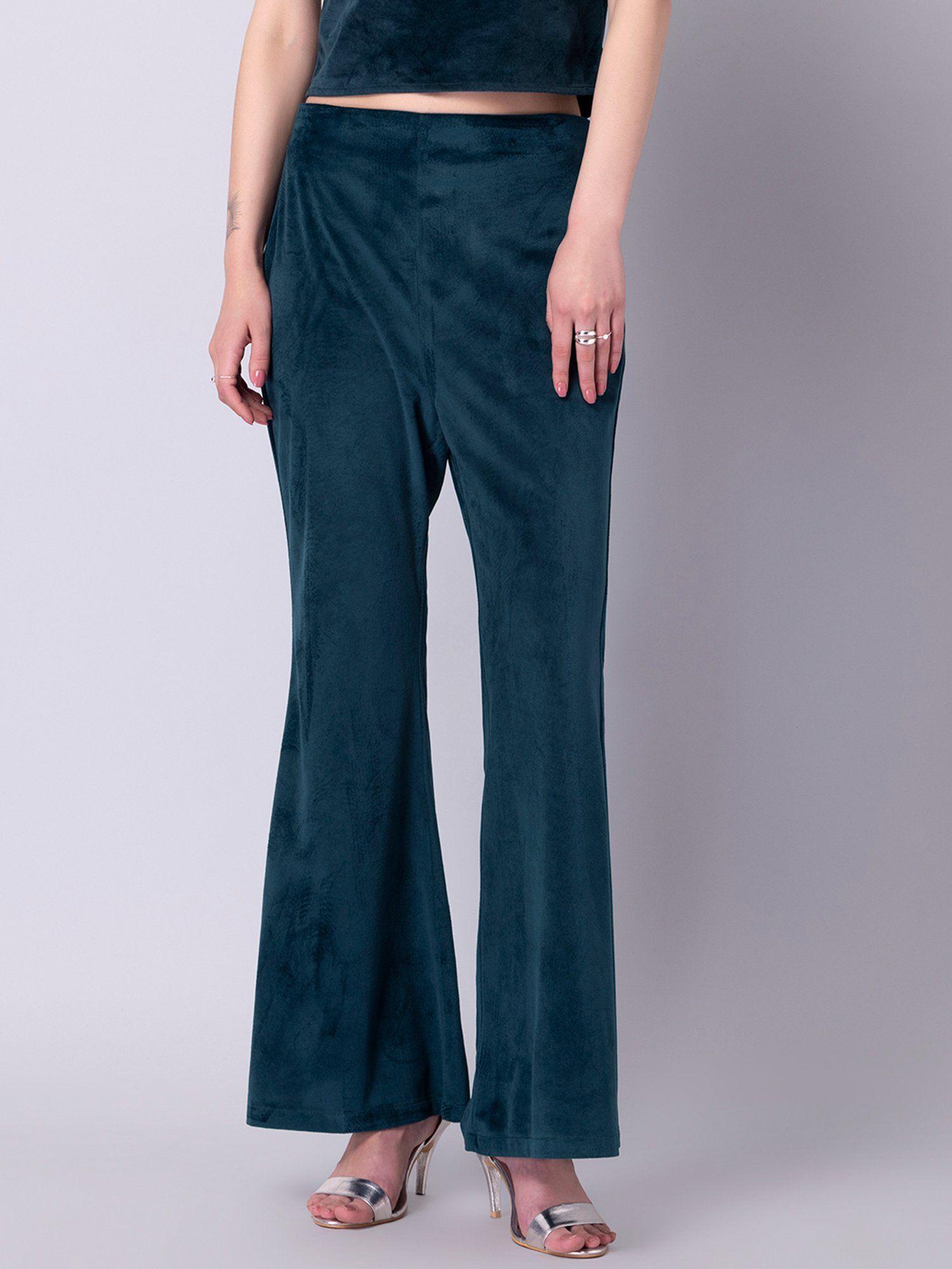 blue velour high waist flared trousers