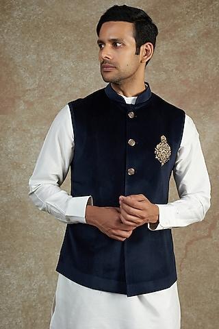 blue velvet embroidered bundi jacket