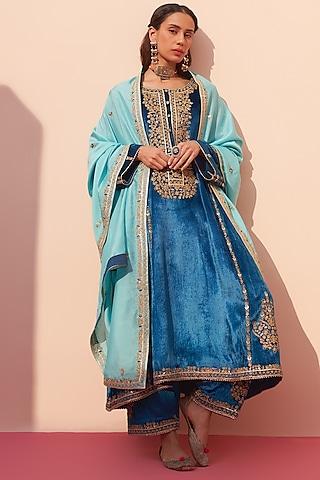 blue velvet embroidered choga set