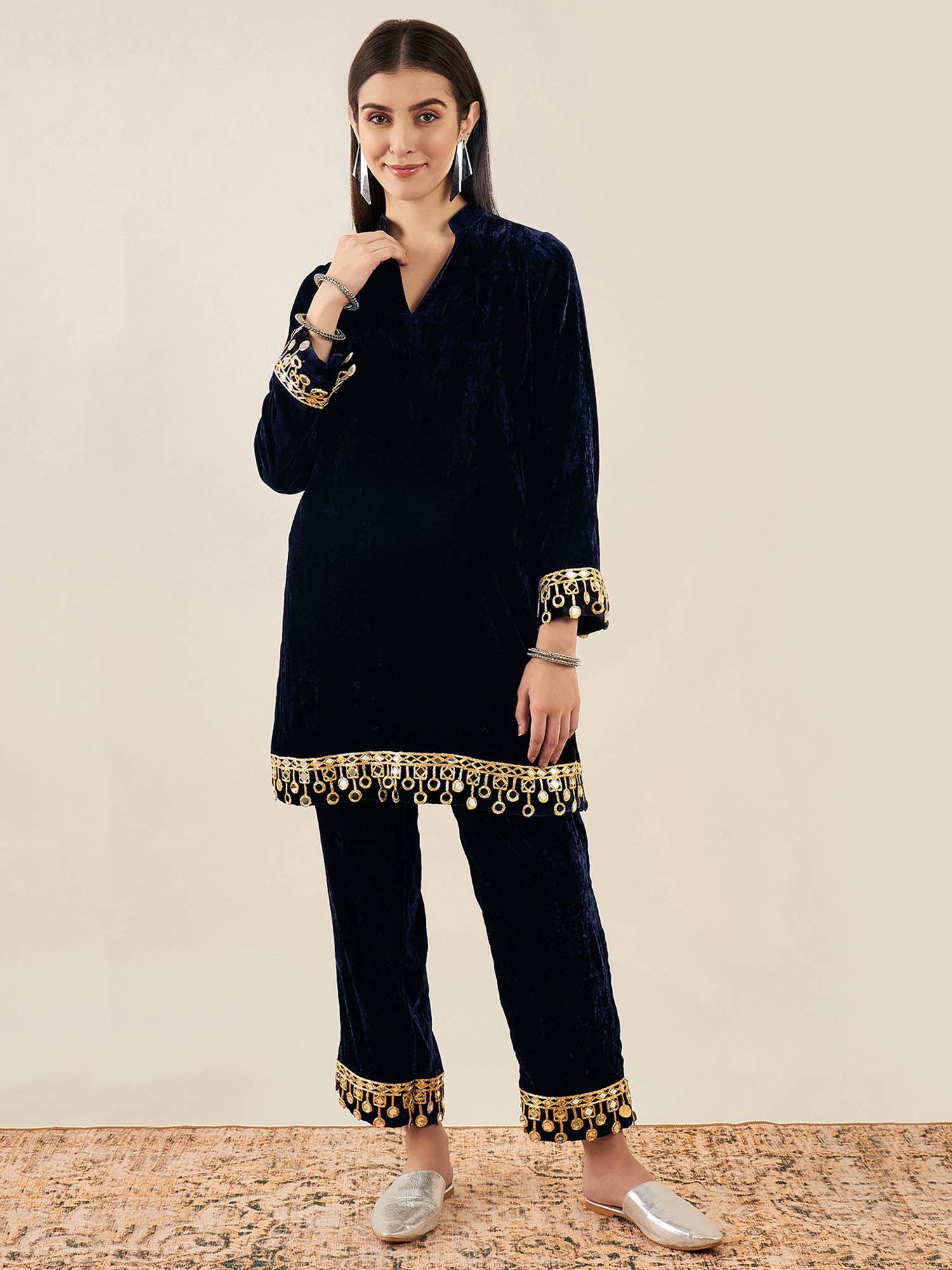 blue velvet kurta & straight pant with mirror lace (set of 2)