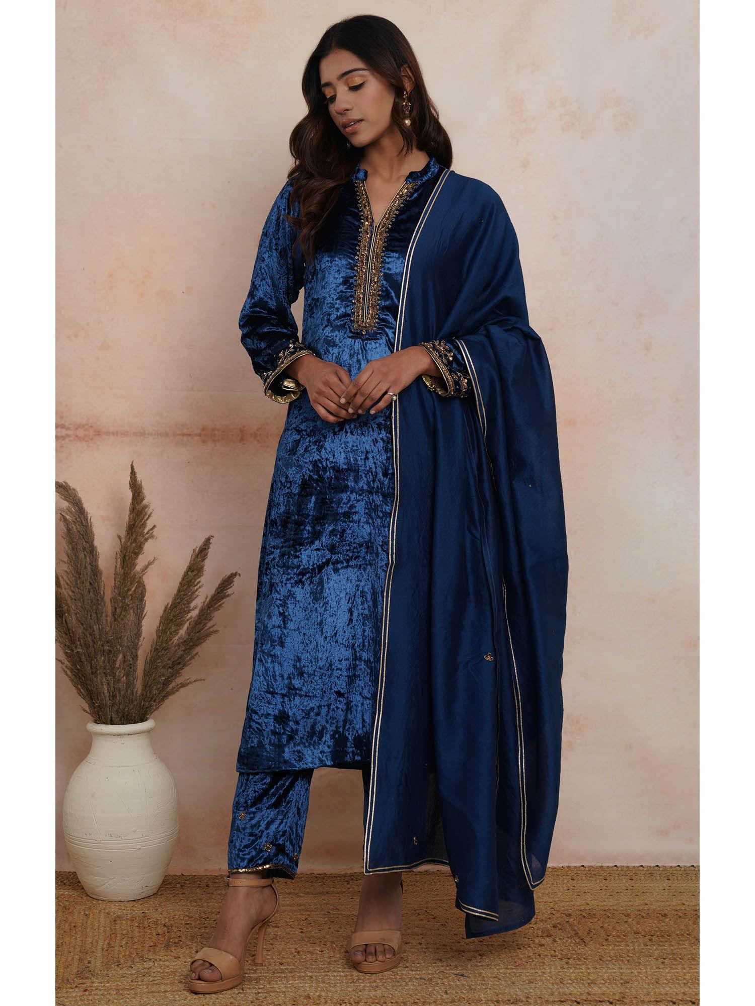 blue velvet kurta with pant & dupatta (set of 3)