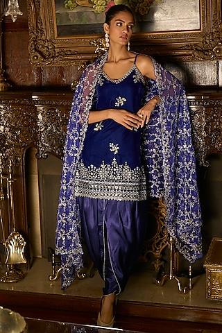 blue velvet sequins embroidered kurta set