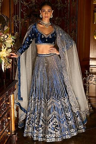 blue velvet zari & sequins embroidered lehenga set