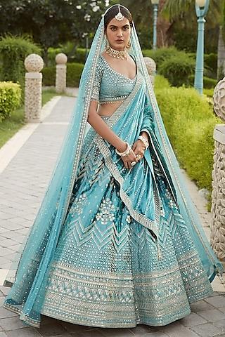 blue velvet zari embroidered lehenga set