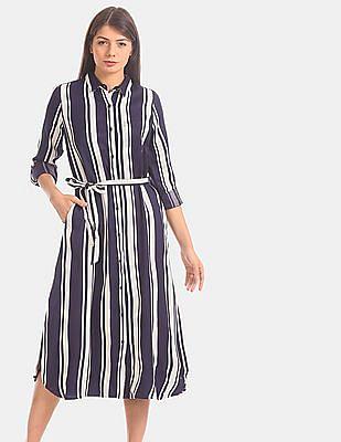 blue vertical stripe shirt dress