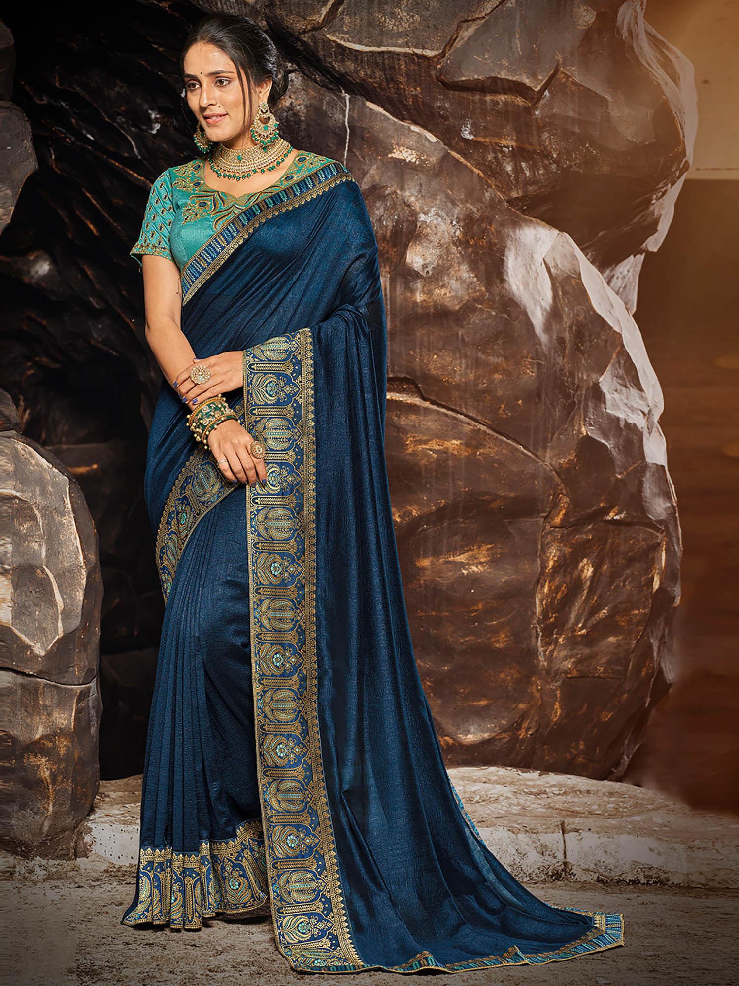 blue vichitra silk embroidered saree with unstitched blouse