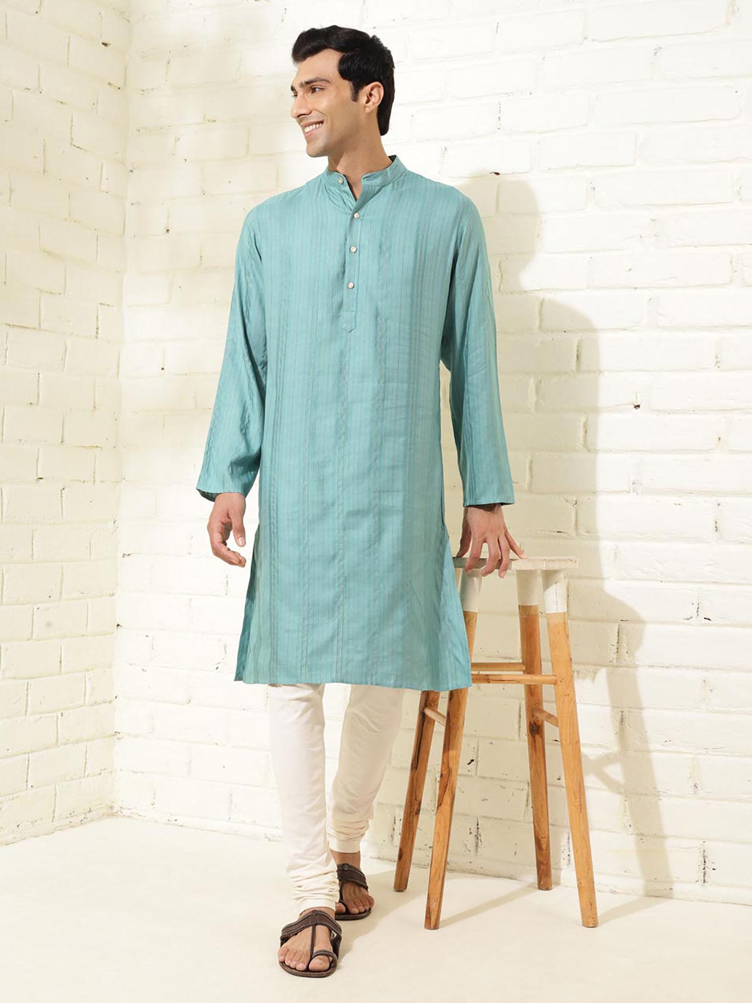 blue viscose blend dobby slim fit long kurta