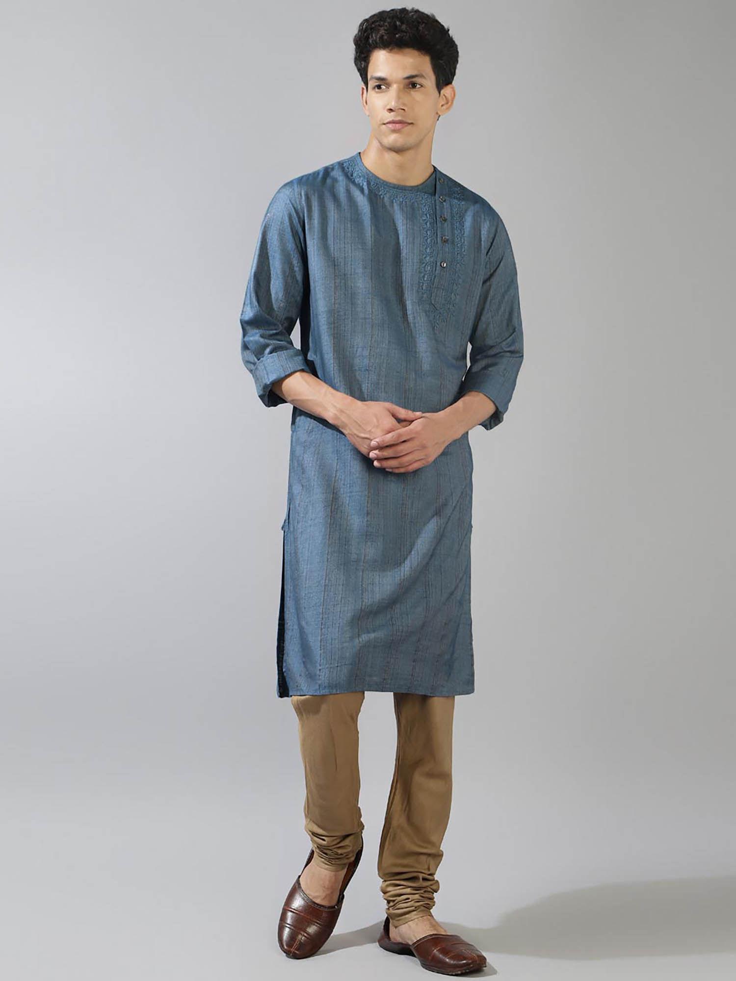 blue viscose blend embroidered slim fit kurta