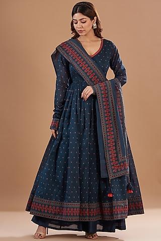 blue viscose chanderi printed anarkali set