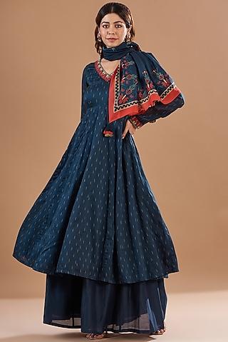 blue viscose chanderi printed anarkali set