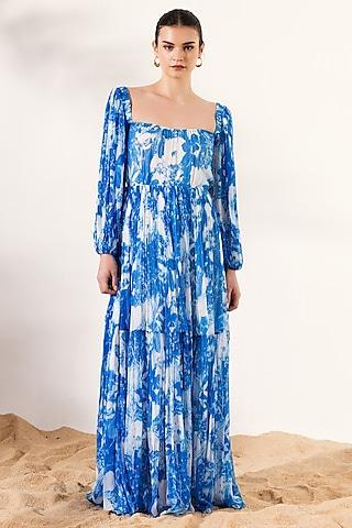 blue viscose crinkled chiffon botanical printed maxi dress