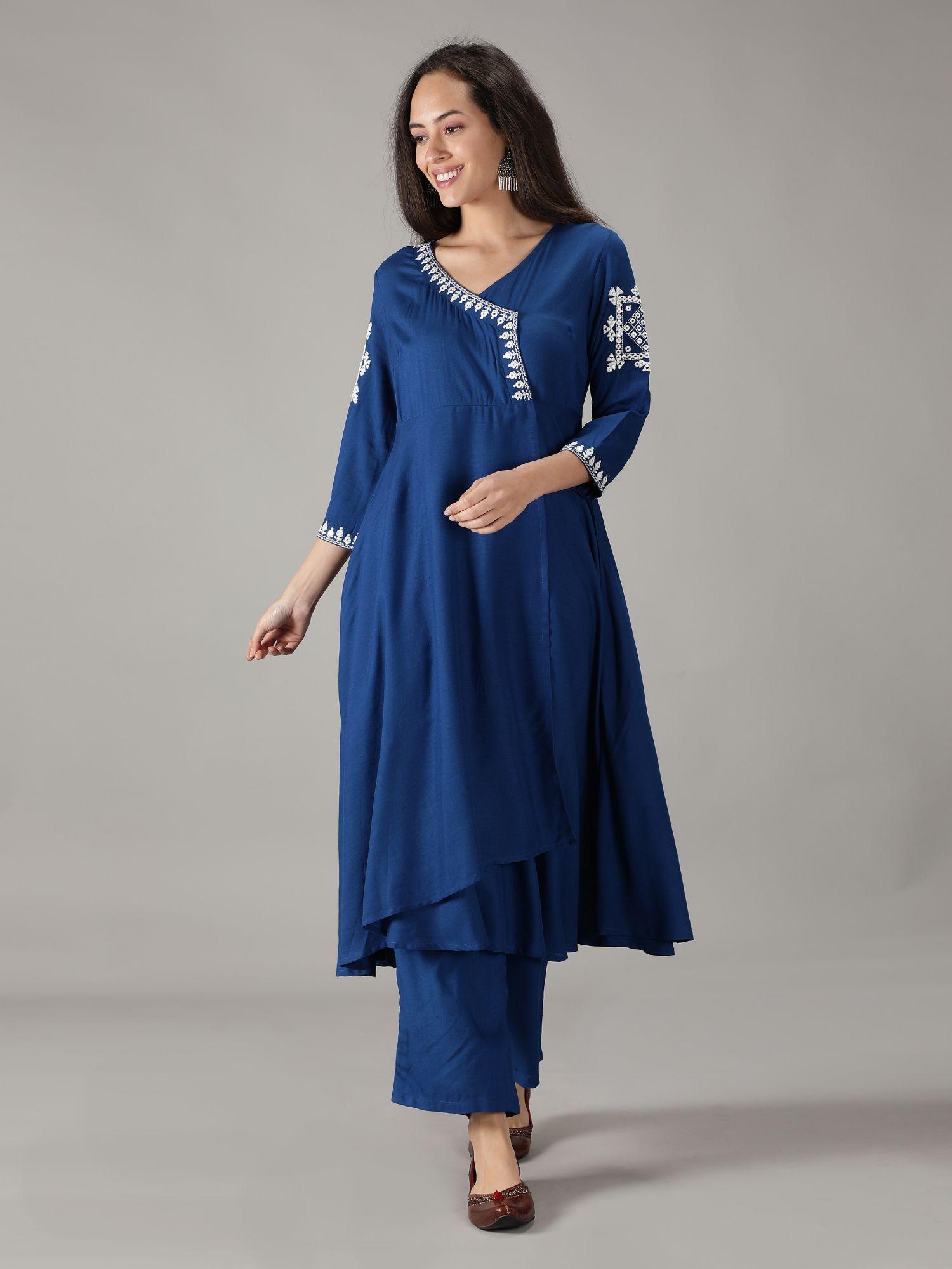 blue viscose embroidered asymmetrical wrap around dress with pant (set of 2)