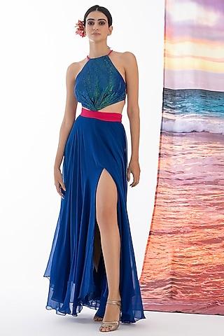 blue viscose georgette & metallic yarn maxi dress