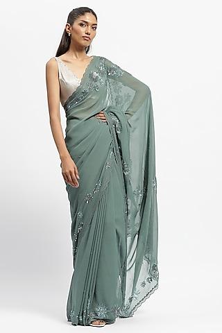 blue viscose georgette crystal embroidered saree